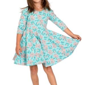 Mightly Blue Organic Cotton 3/4 Sleeve Twirl Design Dress Pockets Tiger Lily LG